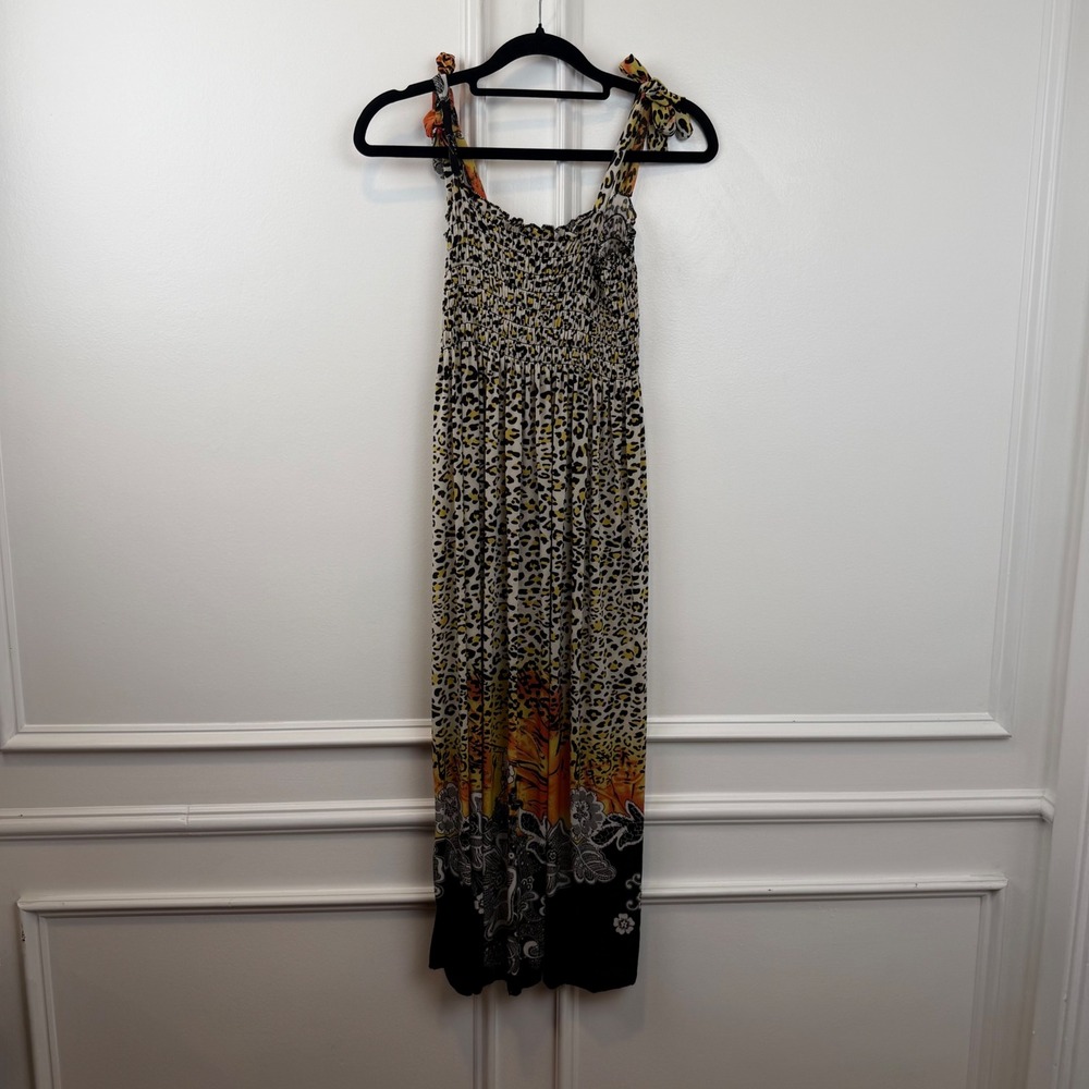 FC Leopard Print Smocked Maxi Dress Tie Shoulder Floral Border S-M Long